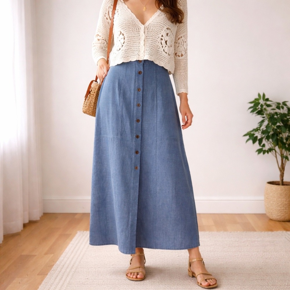 Blue Linen-Look Maxi Skirt Button Front High Waisted Side Slit 4 - Picture 1 of 8